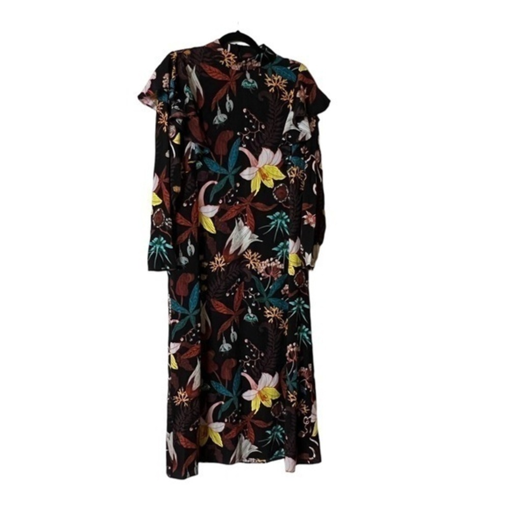 H&M Black / Bold Floral Long Sleeve High Neck Boho Ruffle Midi Dress Blogger Fav